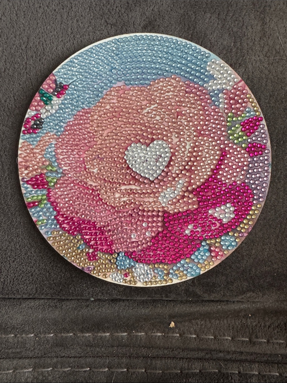 Round Floral Rhinestone Art Coaster - Pink Rose
